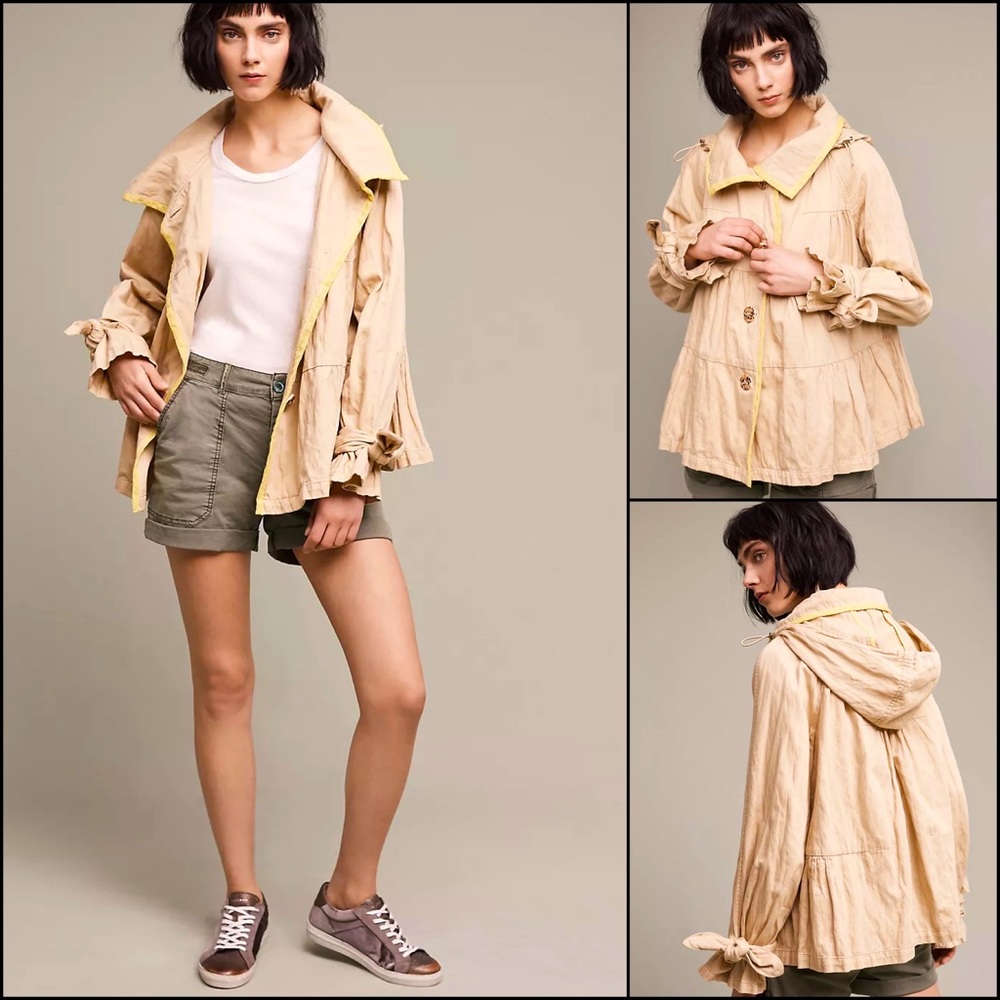 Anthro Hei Hei Khaki Tiered Swing Neon Yellow Mesh Accented Tie Cuff Trench Coat - Picture 1 of 16